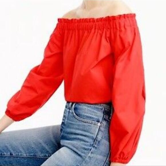 J. Crew Off-Shoulder Fire Red Long Sleeve Cotton Poplin Blouse 4 - Picture 1 of 8